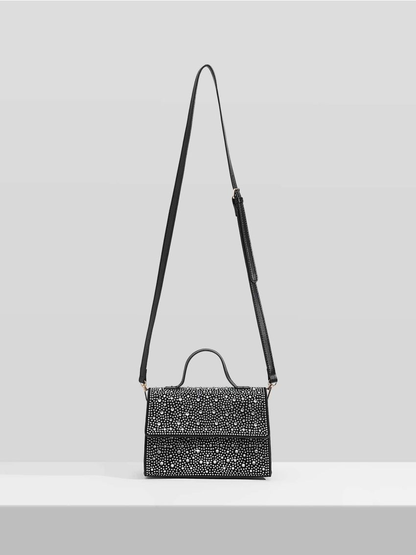Rhinestone Decor Faux Suede Square Bag