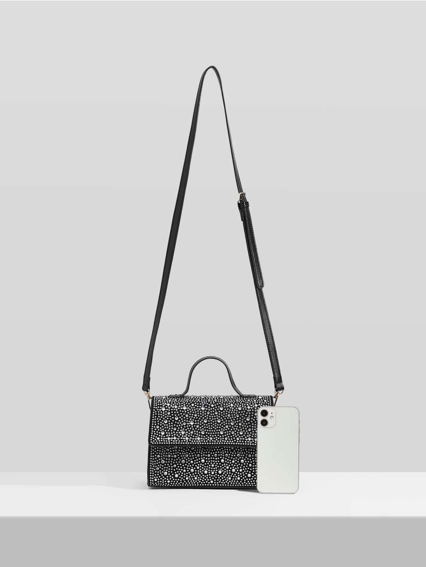 Rhinestone Decor Faux Suede Square Bag