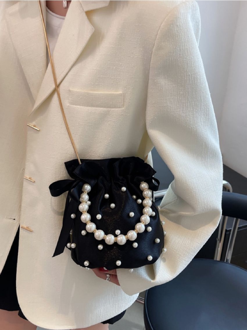 Mini Faux Pearl Decor Drawstring Design Bucket Bag