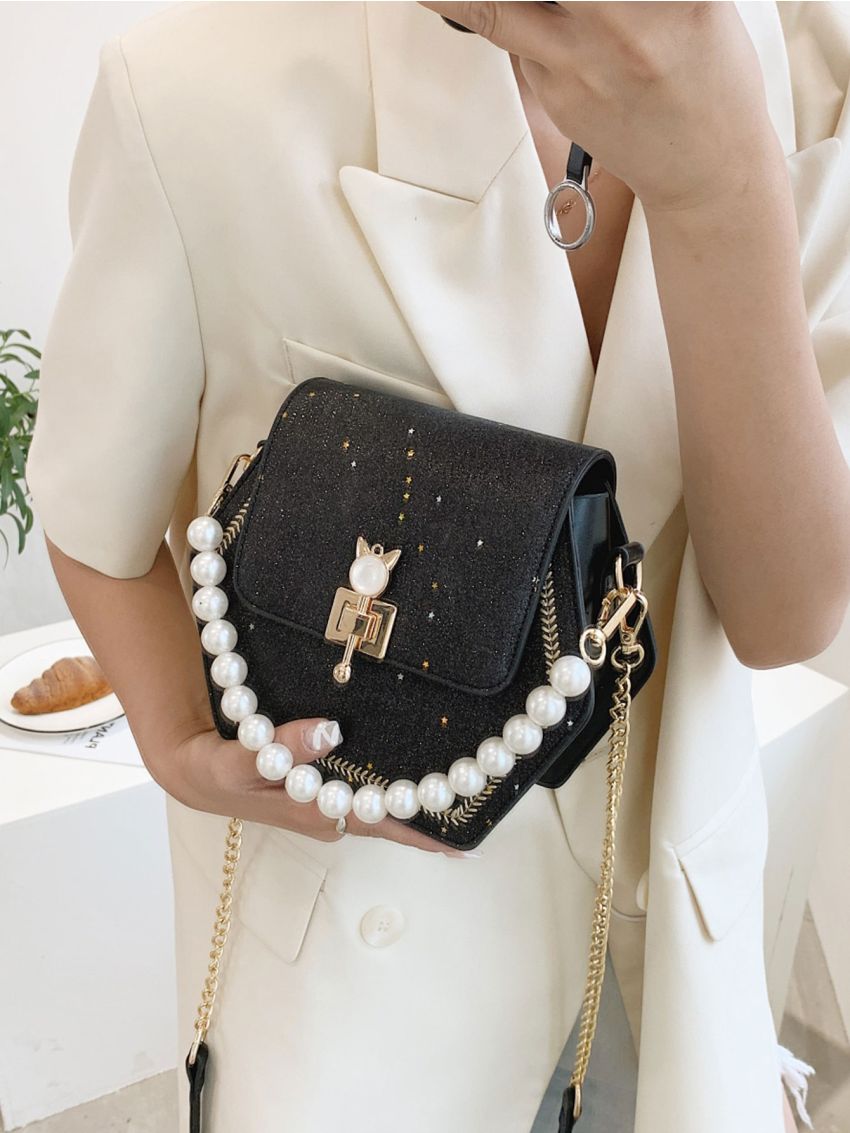 Mini Star & Faux Pearl Decor Flap Chain Novelty Bag