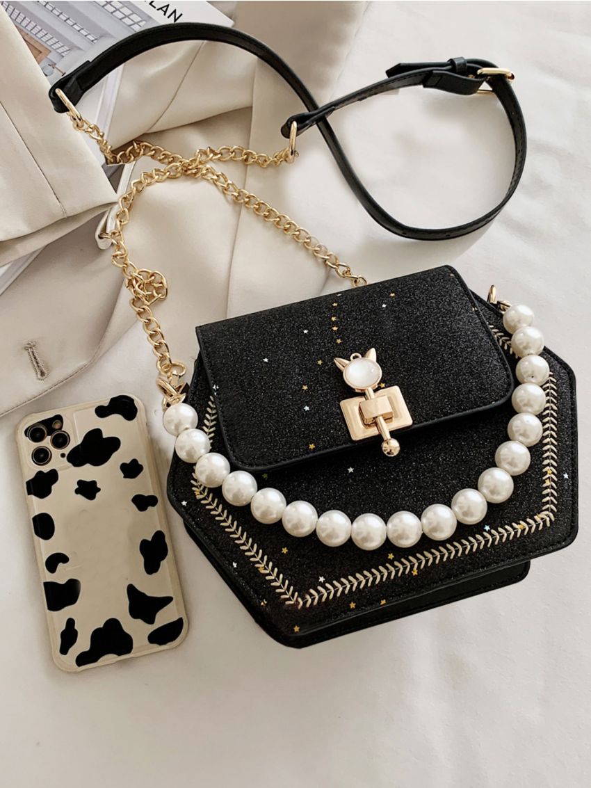 Mini Star & Faux Pearl Decor Flap Chain Novelty Bag