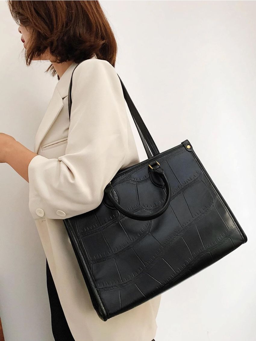 Crocodile Embossed Top Handle Bag