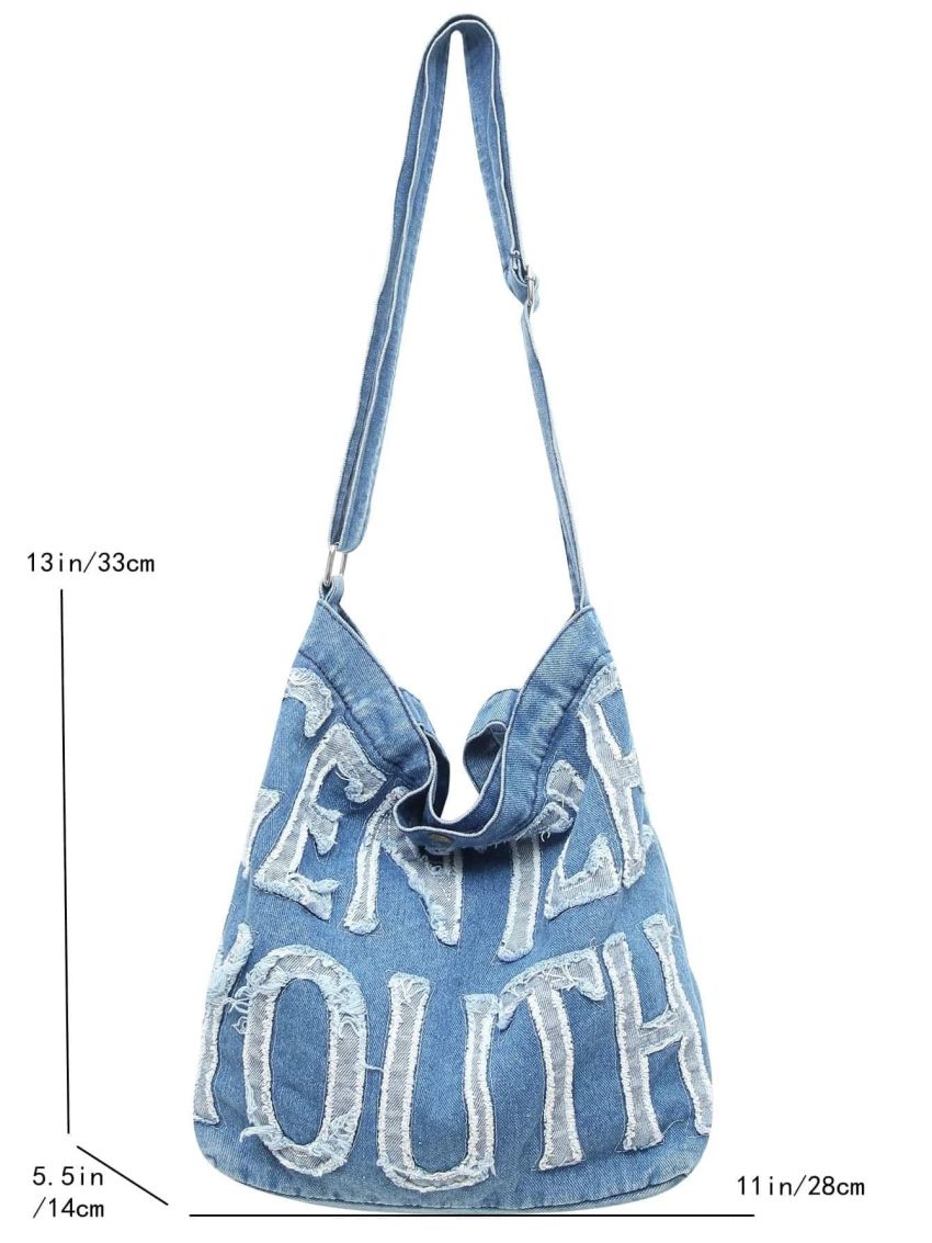 Letter Graphic Denim Shoulder Bag