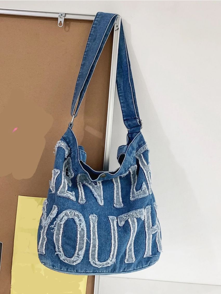 Letter Graphic Denim Shoulder Bag