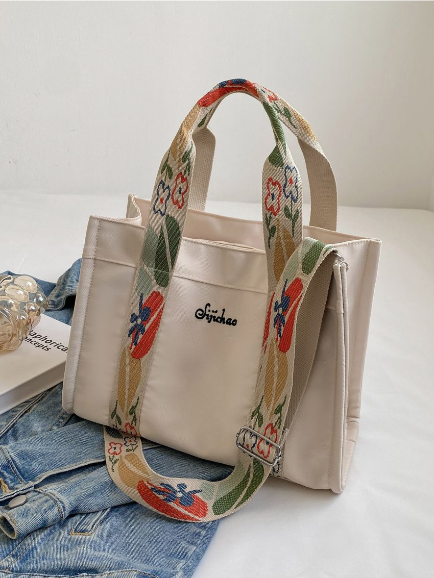 Fashion Canvas Tote Handbag, Lightweight Shoulder Bag With Detachable Flower Print Strap