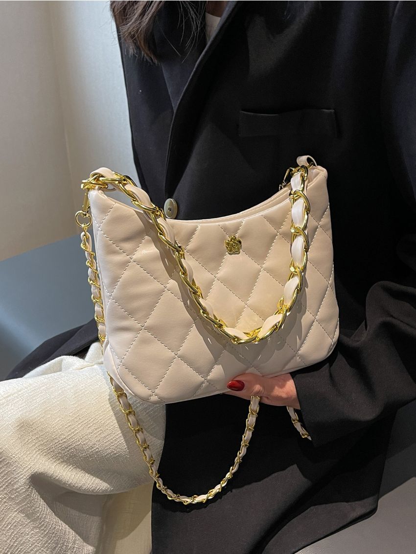Quilted Pattern Chain Hobo Bag