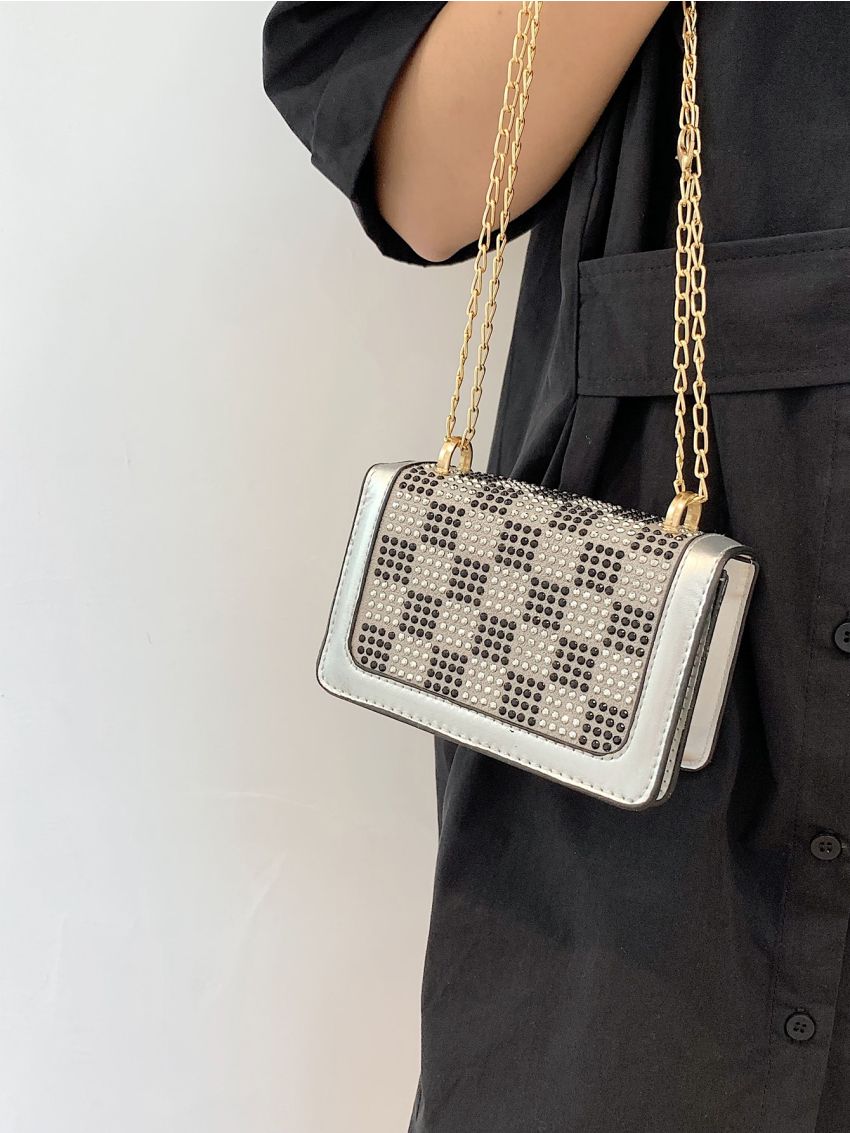 Mini Rhinestone Decor Flap Square Bag