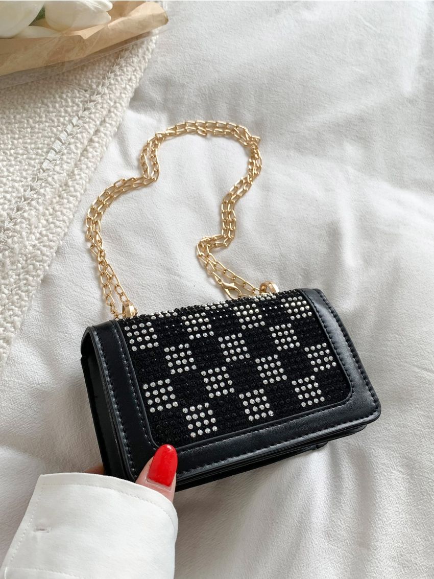Mini Rhinestone Decor Flap Chain Square Bag