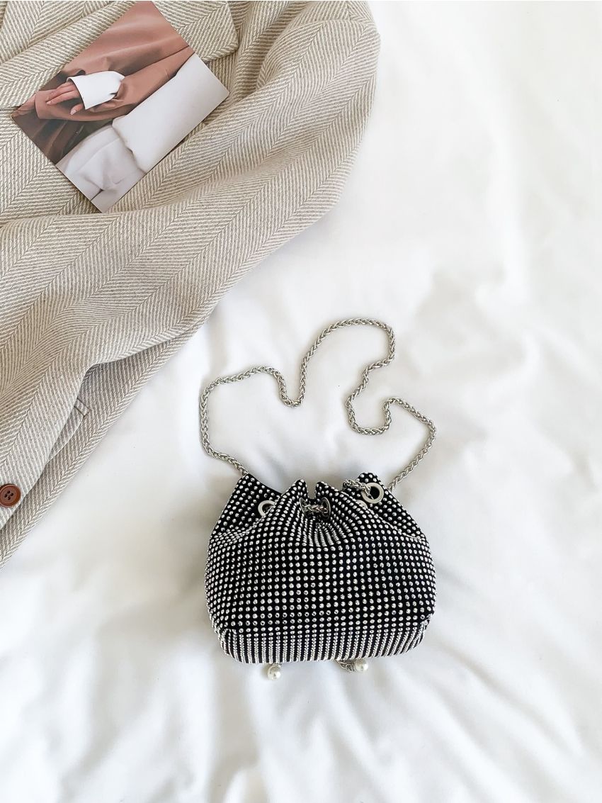 Faux Pearl & Rhinestone Decor Bucket Bag