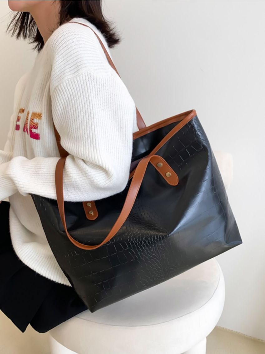 Crocodile Embossed Shoulder Tote Bag