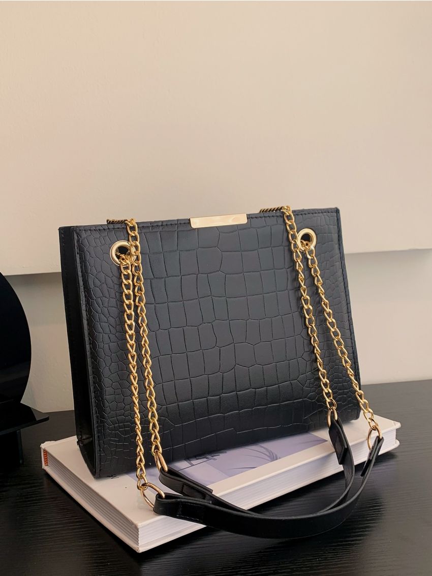 Crocodile Embossed Chain Square Bag