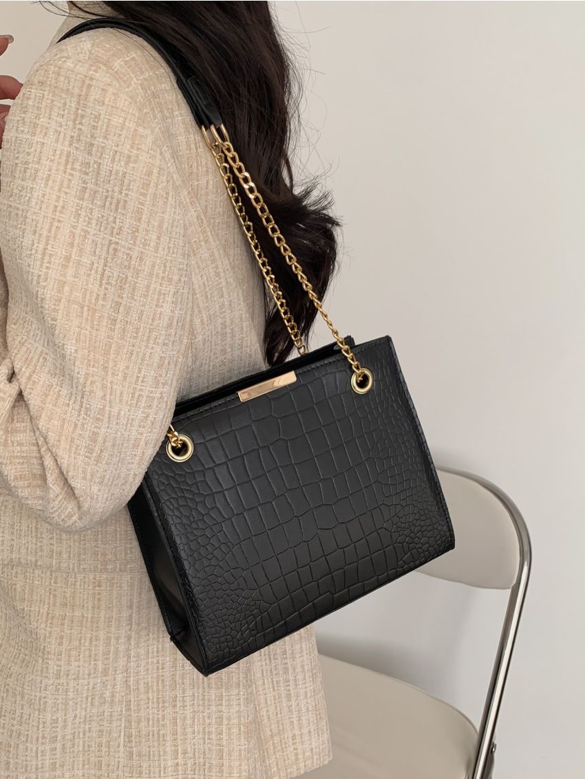 Crocodile Embossed Chain Square Bag