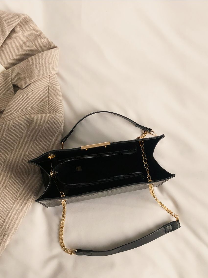 Crocodile Embossed Chain Square Bag