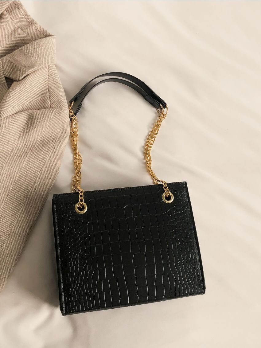 Crocodile Embossed Chain Square Bag