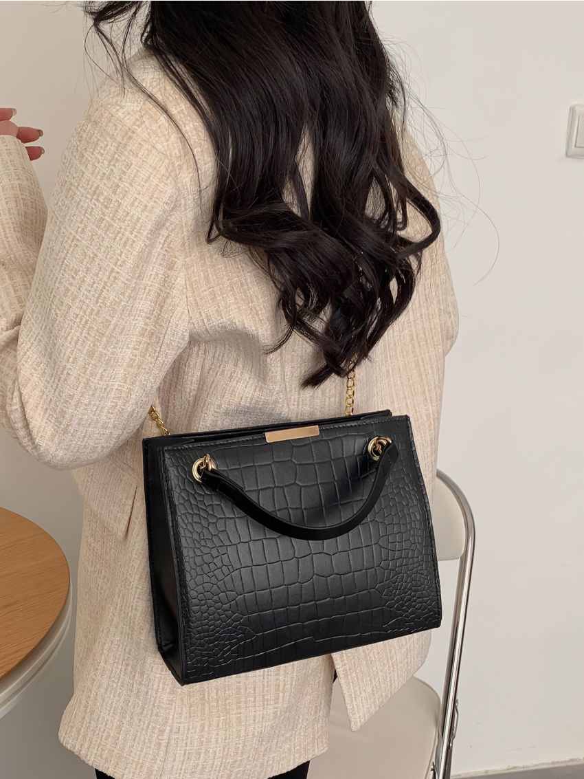 Crocodile Embossed Chain Square Bag