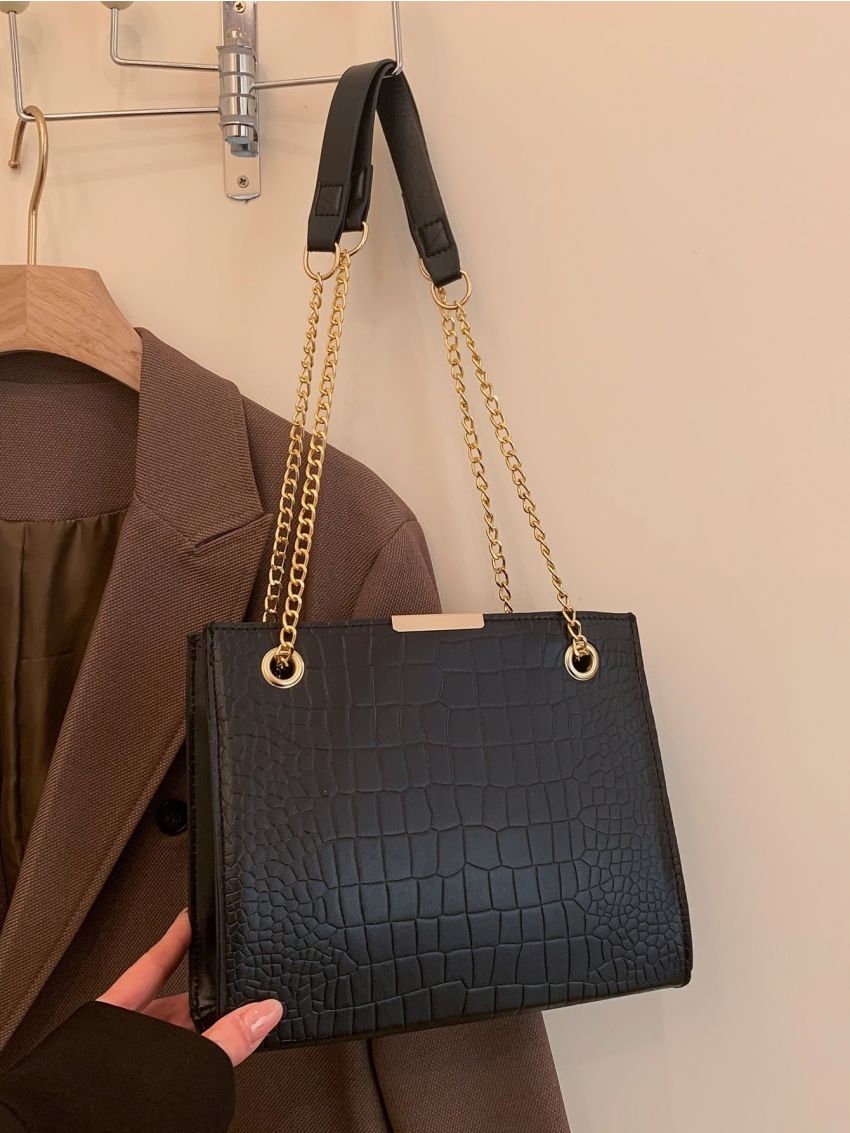 Crocodile Embossed Chain Square Bag