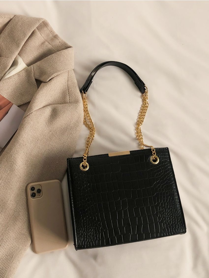 Crocodile Embossed Chain Square Bag