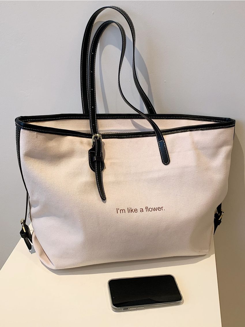 Letter Graphic Contrast Binding Shoulder Tote Bag