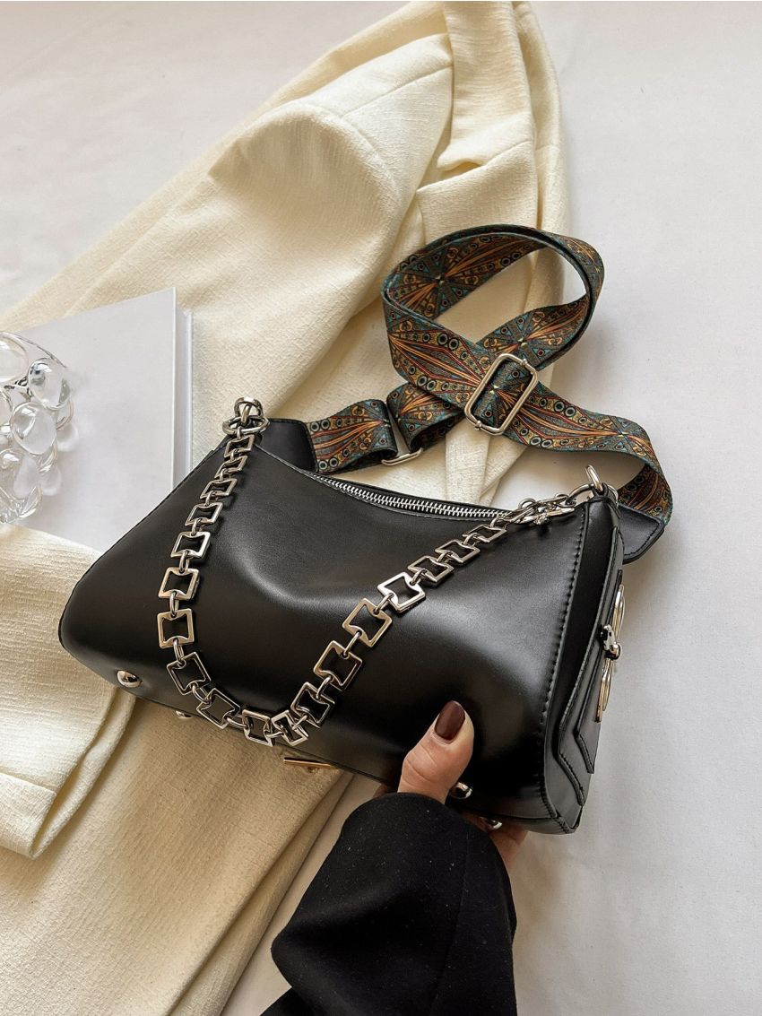 Metal & Chain Decor Hobo Bag, Gothic Crossbody Bag