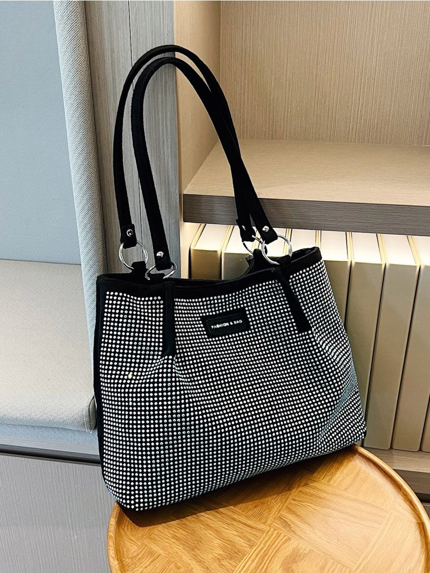 Letter Patch Studded Decor Shoulder Tote Bag