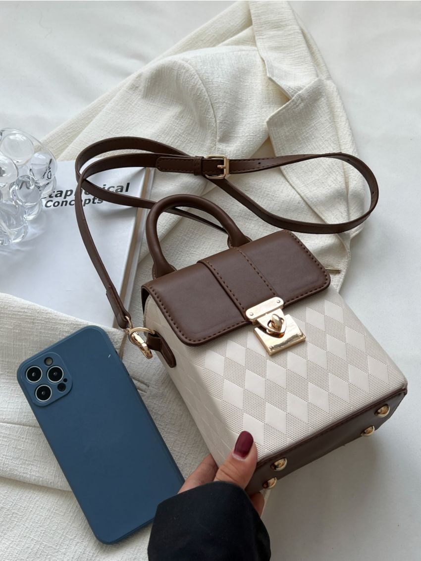 Mini Colorblock Geometric Embossed Flap Square Bag