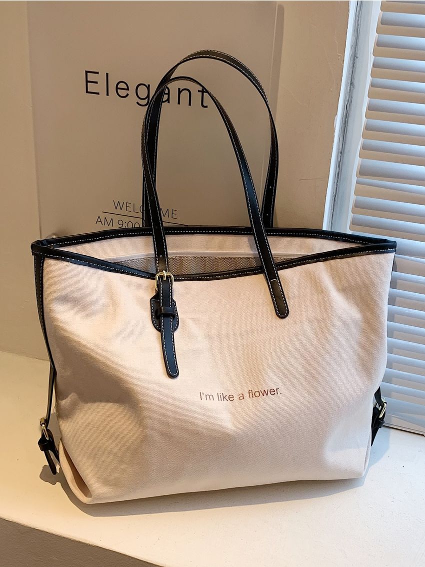 Letter Graphic Contrast Binding Shoulder Tote Bag