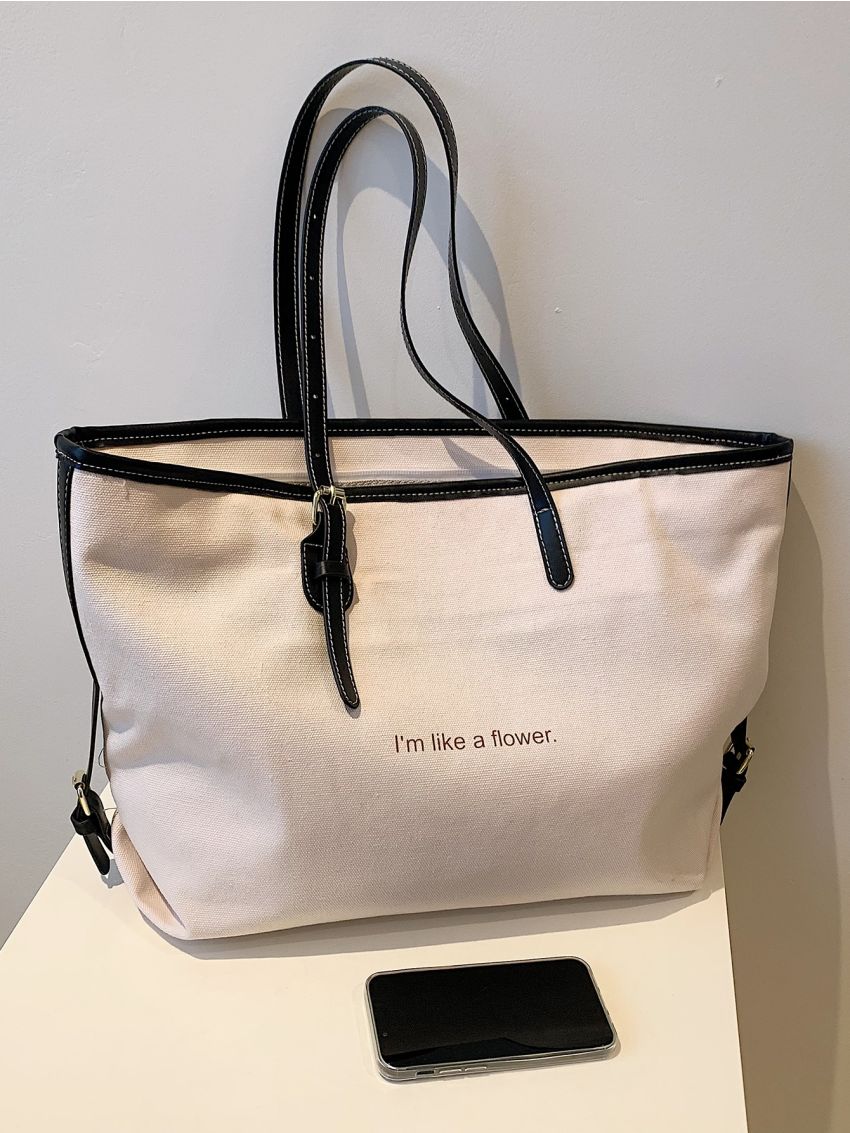 Letter Graphic Contrast Binding Shoulder Tote Bag