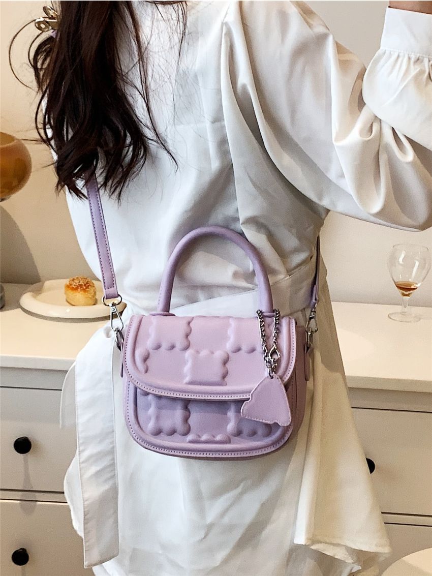 Mini Geometric Embossed Flap Square Bag With Bag Charm