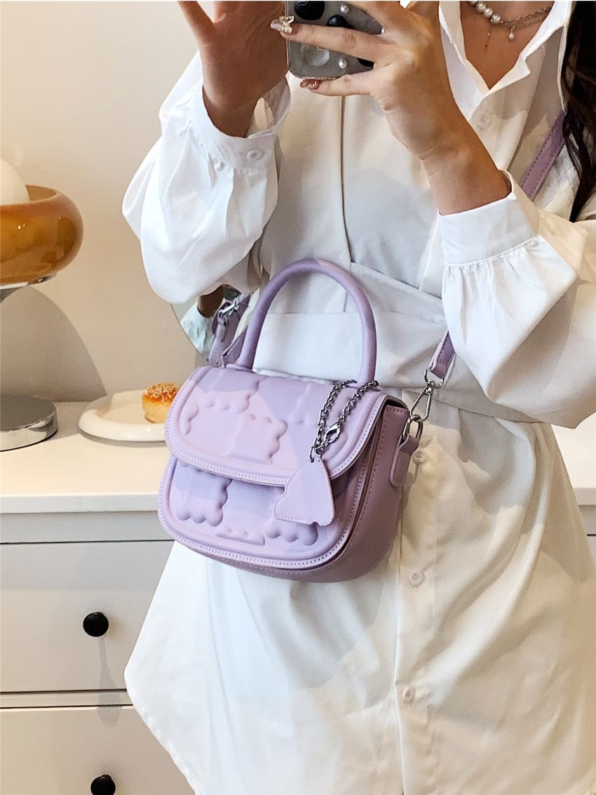 Mini Geometric Embossed Flap Square Bag With Bag Charm