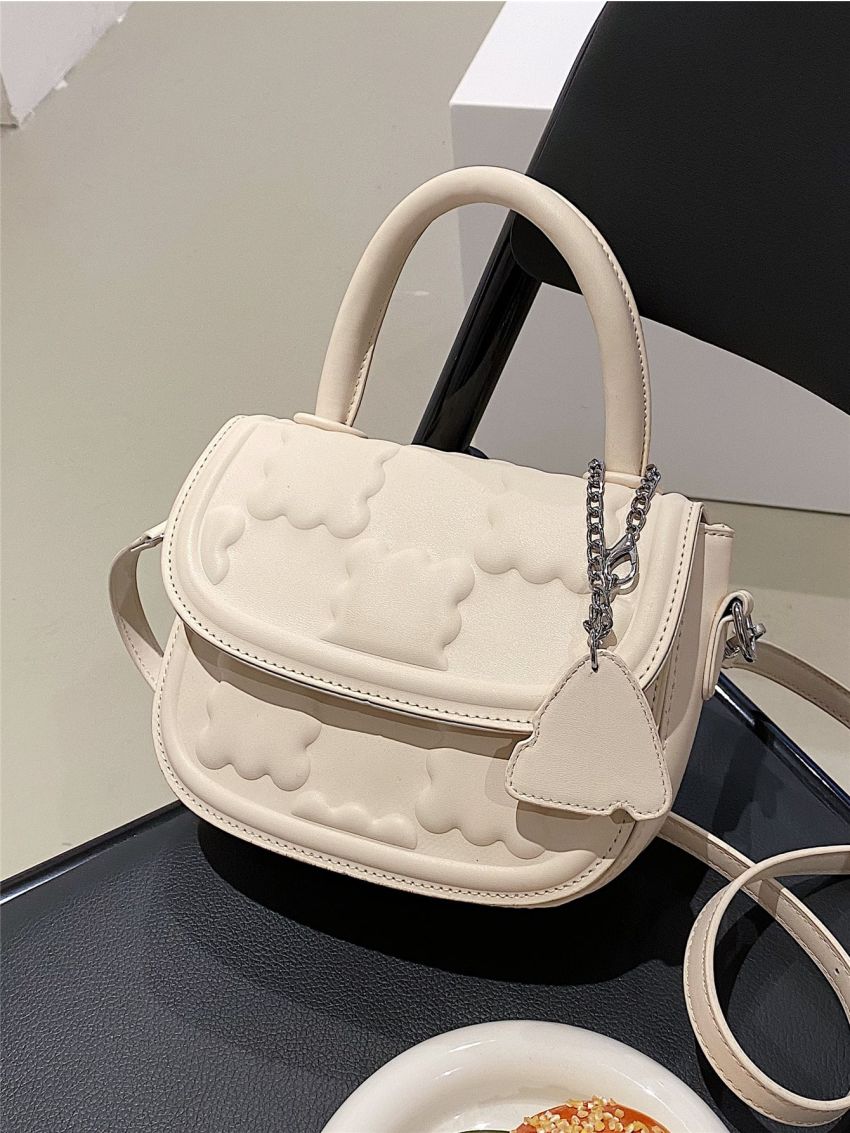 Mini Geometric Embossed Flap Square Bag With Bag Charm