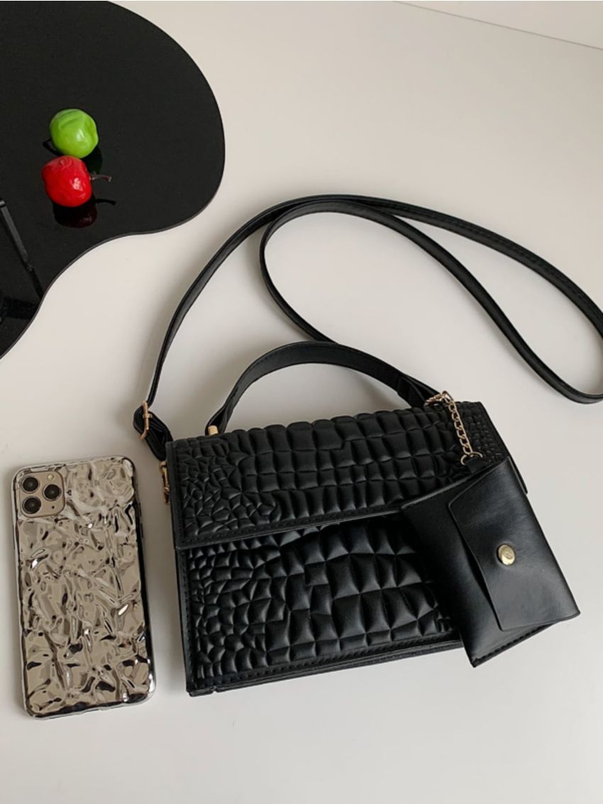 Crocodile Embossed Flap Square Bag With Coin Purse