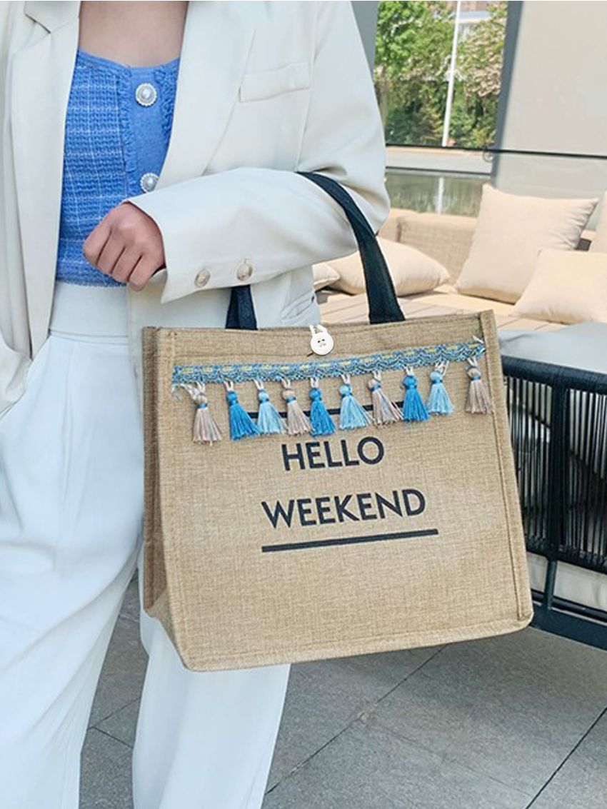 Letter Print Random Tassel Decor Shopper Bag