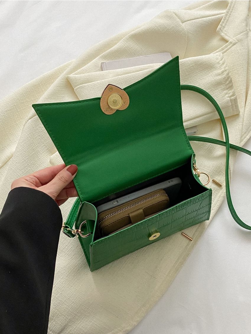 Crocodile Embossed Heart Decor Flap Square Bag