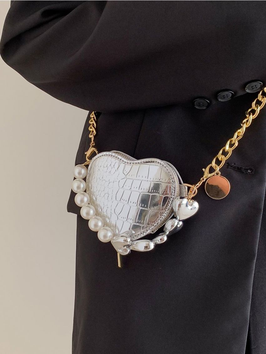 Mini Metallic Crocodile Embossed Heart Design Novelty Bag