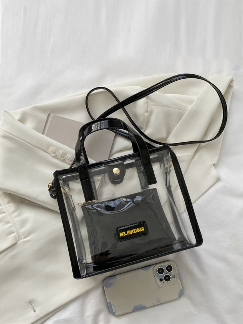 Clear Letter Patch Decor Square Bag With Inner Pouch