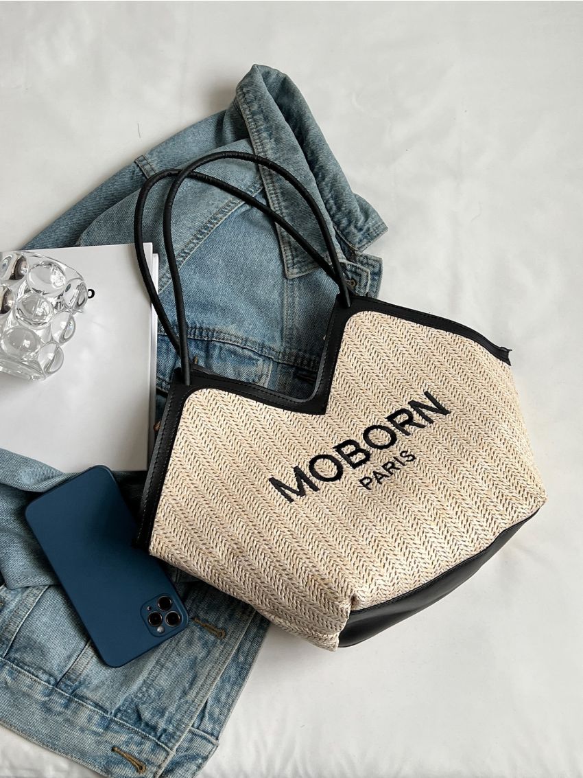 Letter Graphic Contrast Binding Straw Bag