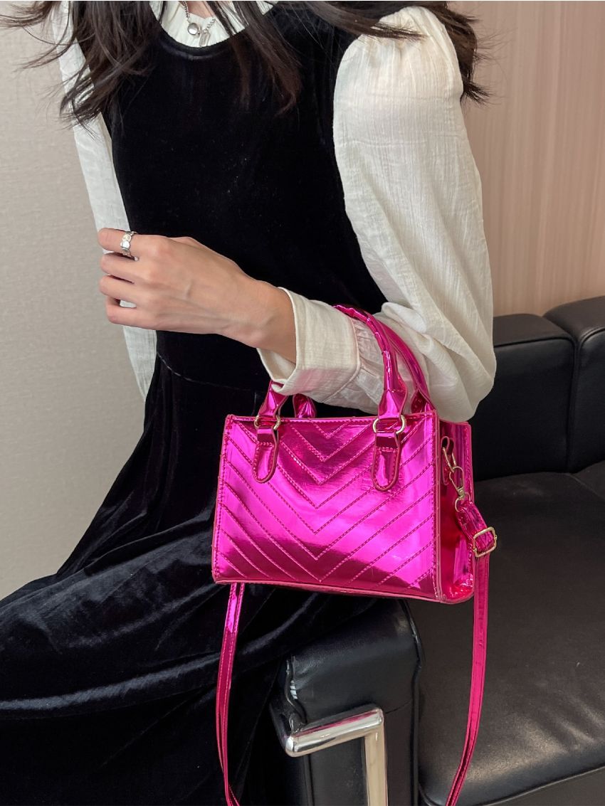 Mini Neon Pink Chevron Quilted Square Bag