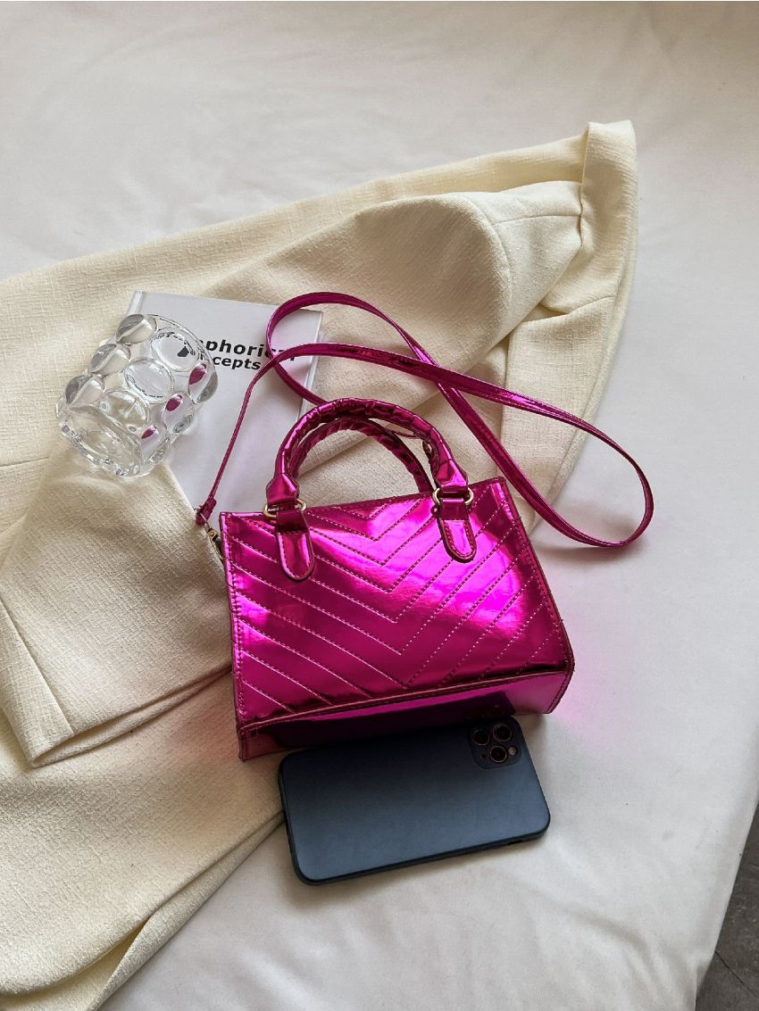 Mini Neon Pink Chevron Quilted Square Bag