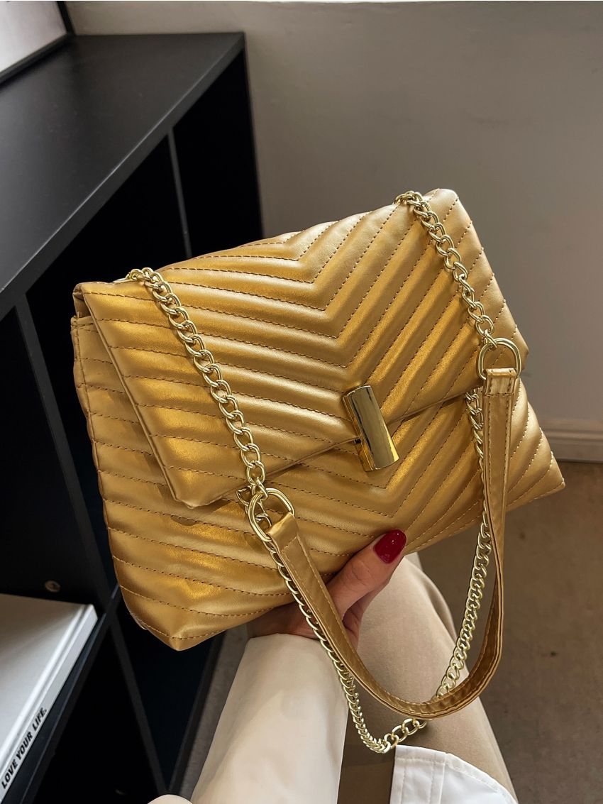 Metallic Chevron Quilted Flap Chain Square Bag
