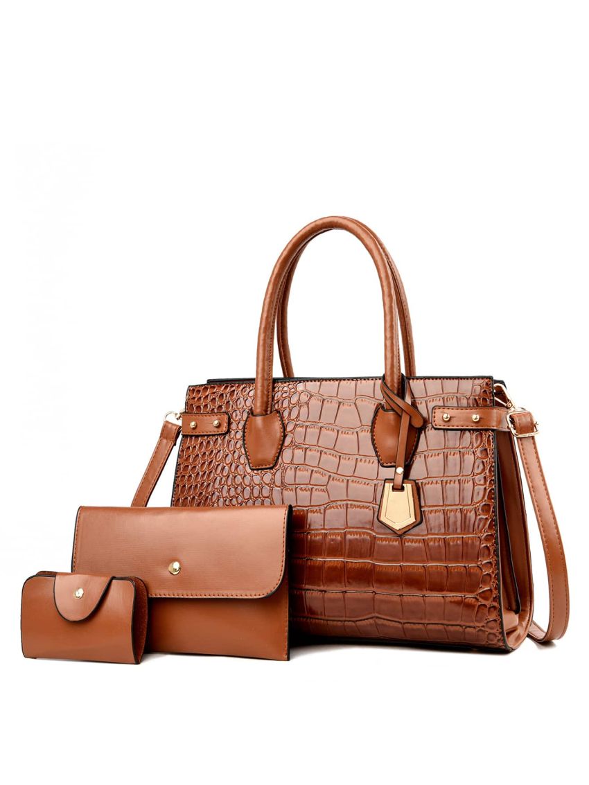 3pcs Crocodile Embossed Shoulder Tote Bag Set, Best Work Bag For Women