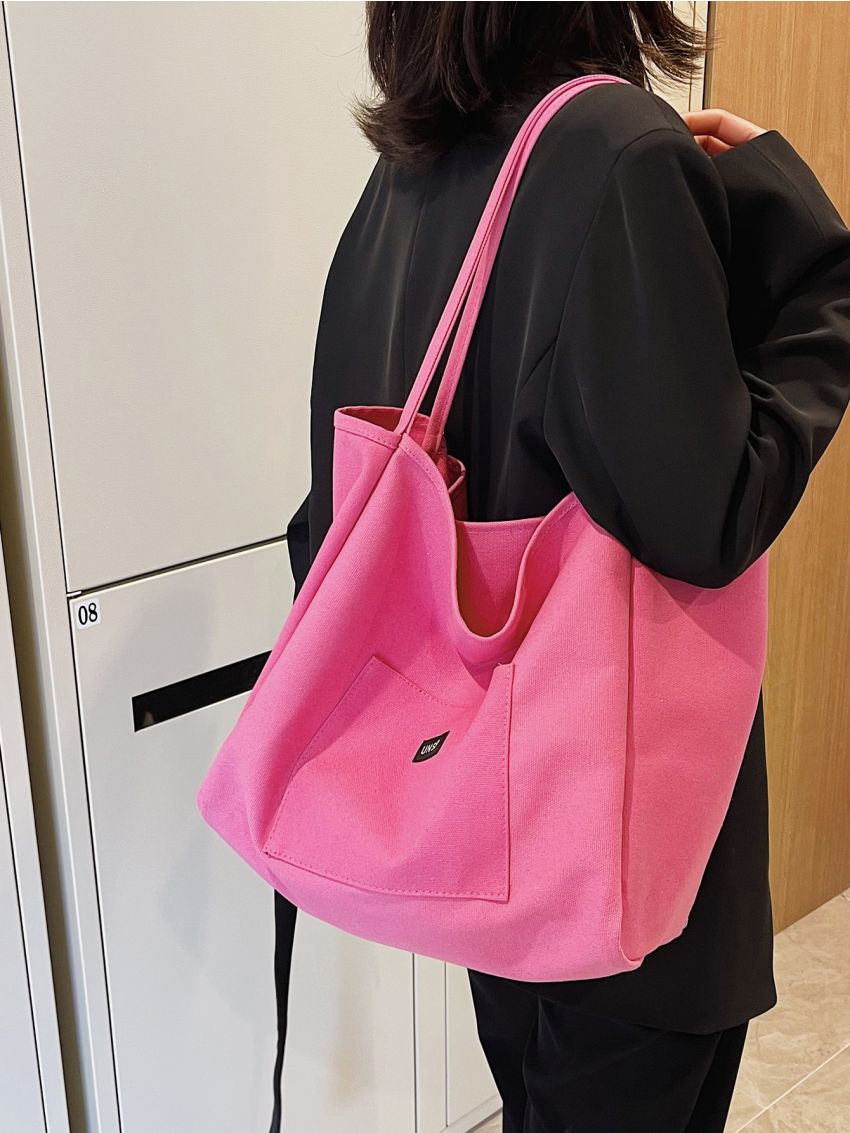 Neon Pink Letter Patch Decor Shopper Bag, Large Capacity Tote Bag For Work And Travel