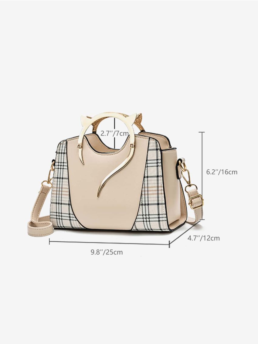 Plaid Pattern Cat Ear Design Handle Satchel Bag