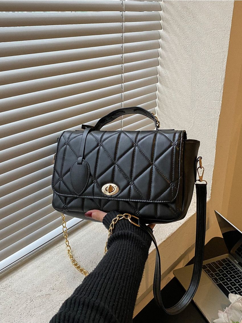 Quilted Twist Lock Flap Chain Square Bag