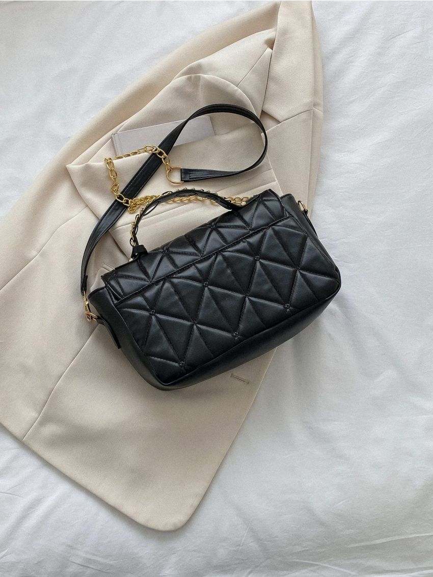 Quilted Twist Lock Flap Chain Square Bag