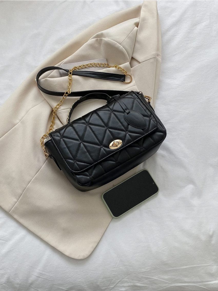 Quilted Twist Lock Flap Chain Square Bag