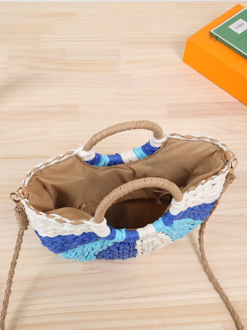 Colorblock Drawstring Design Straw Bag