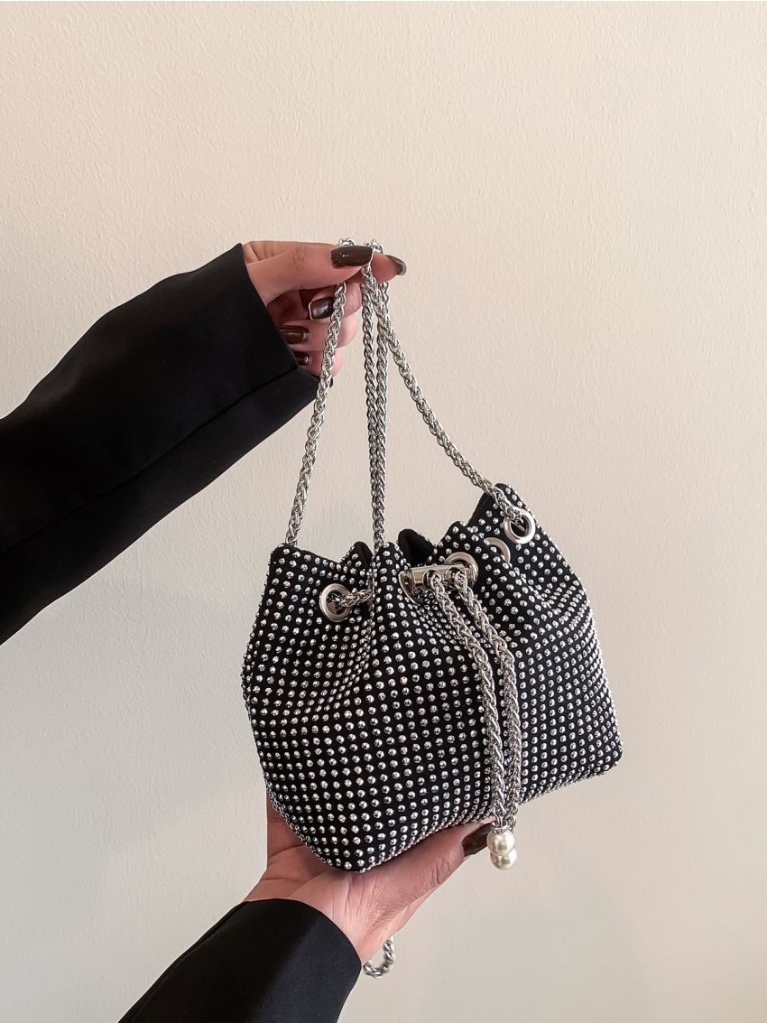 Mini Rhinestone & Faux Pearl Decor Drawstring Design Chain Glitter Bucket Bag