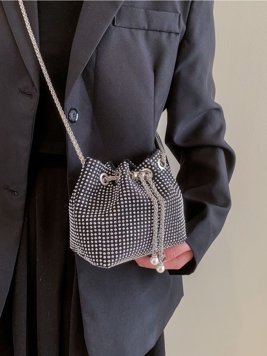 Mini Rhinestone & Faux Pearl Decor Drawstring Chain Bucket Bag
