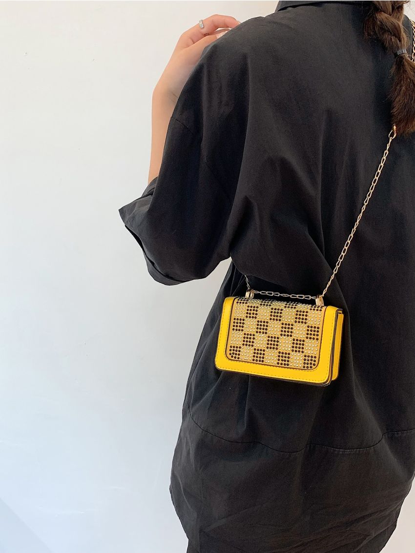Mini Rhinestone Checkered Decor Flap Square Bag