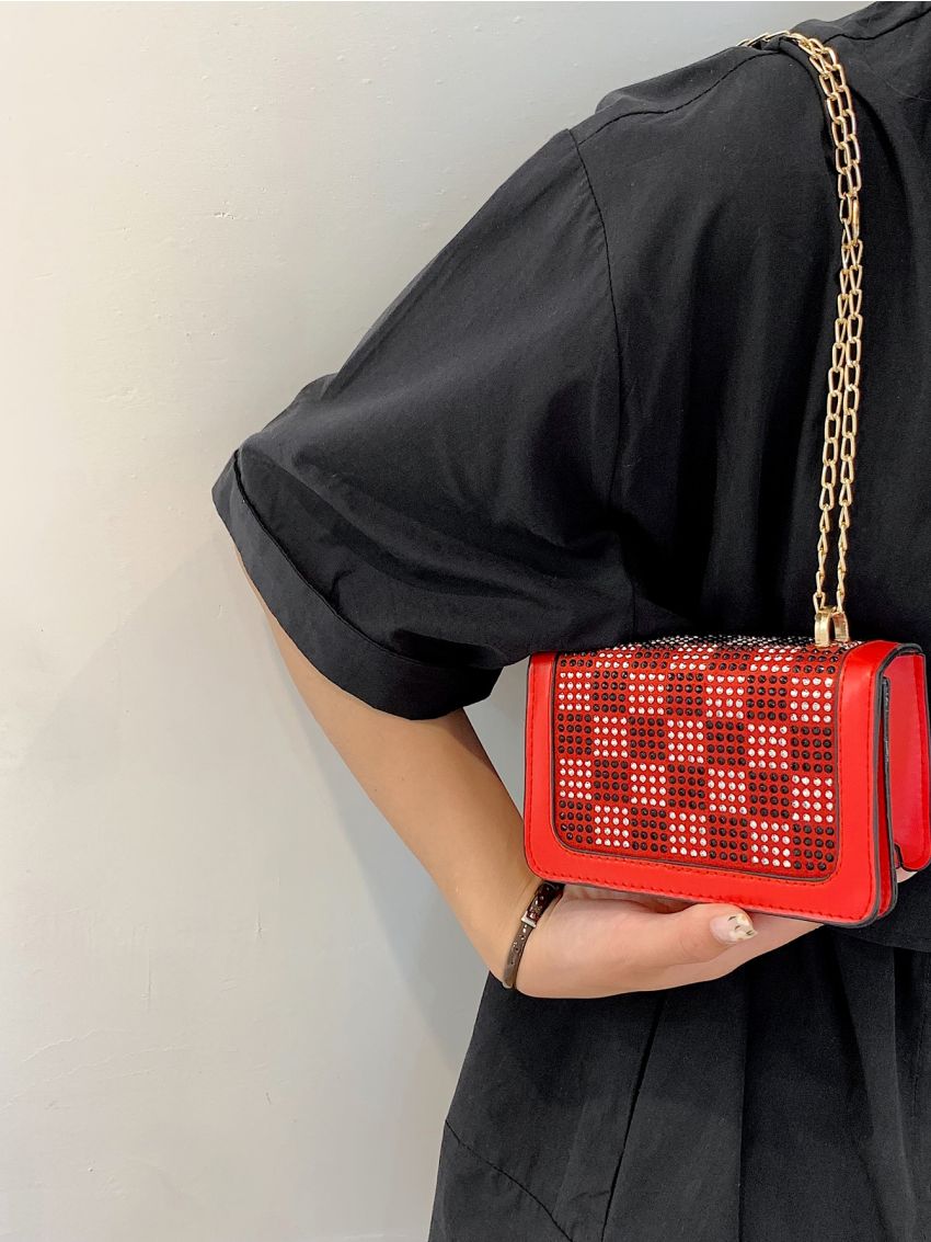 Mini Rhinestone Checkered Decor Flap Square Bag